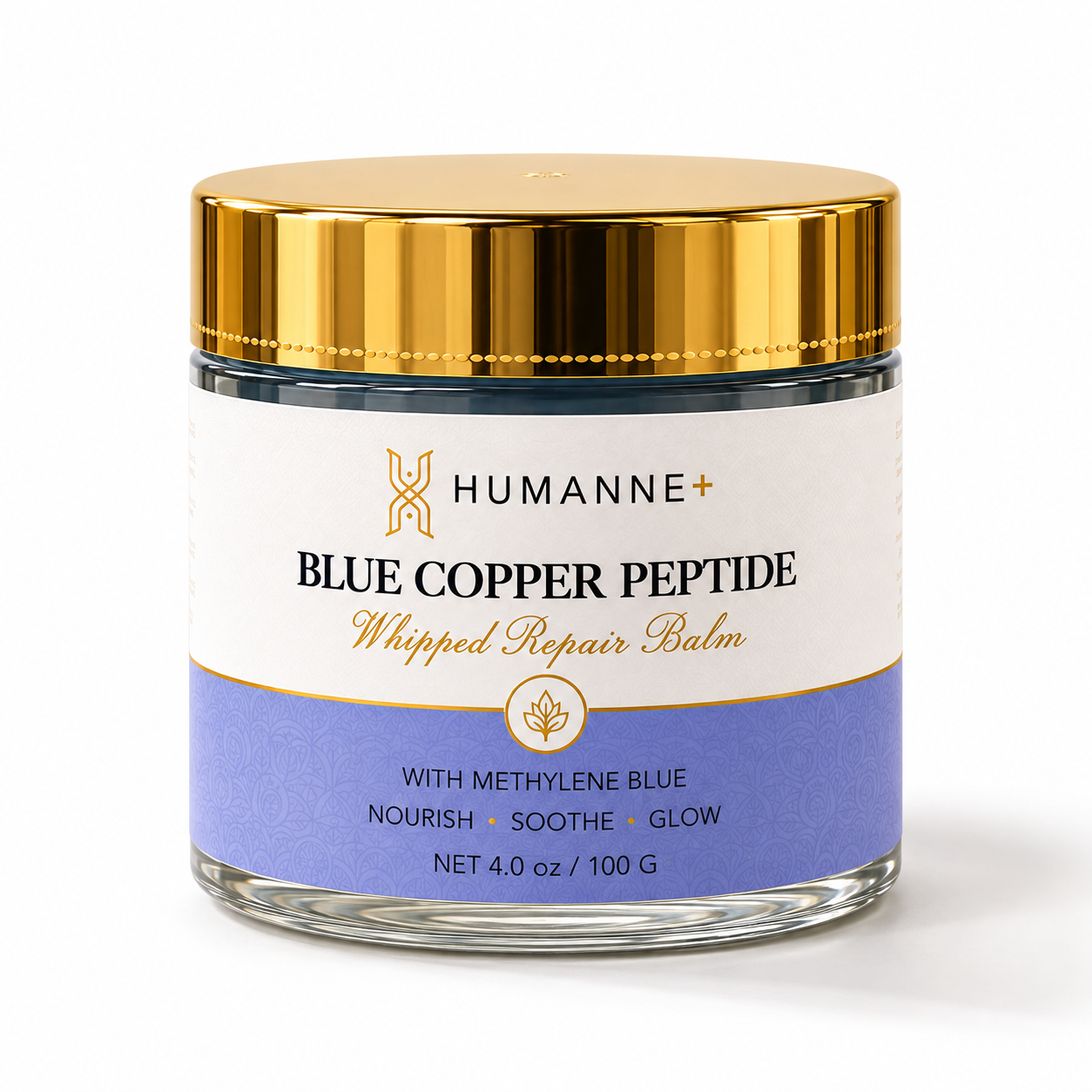 Blue Copper Peptide Whipped Repair Balm, jar with gold lid, front of pack