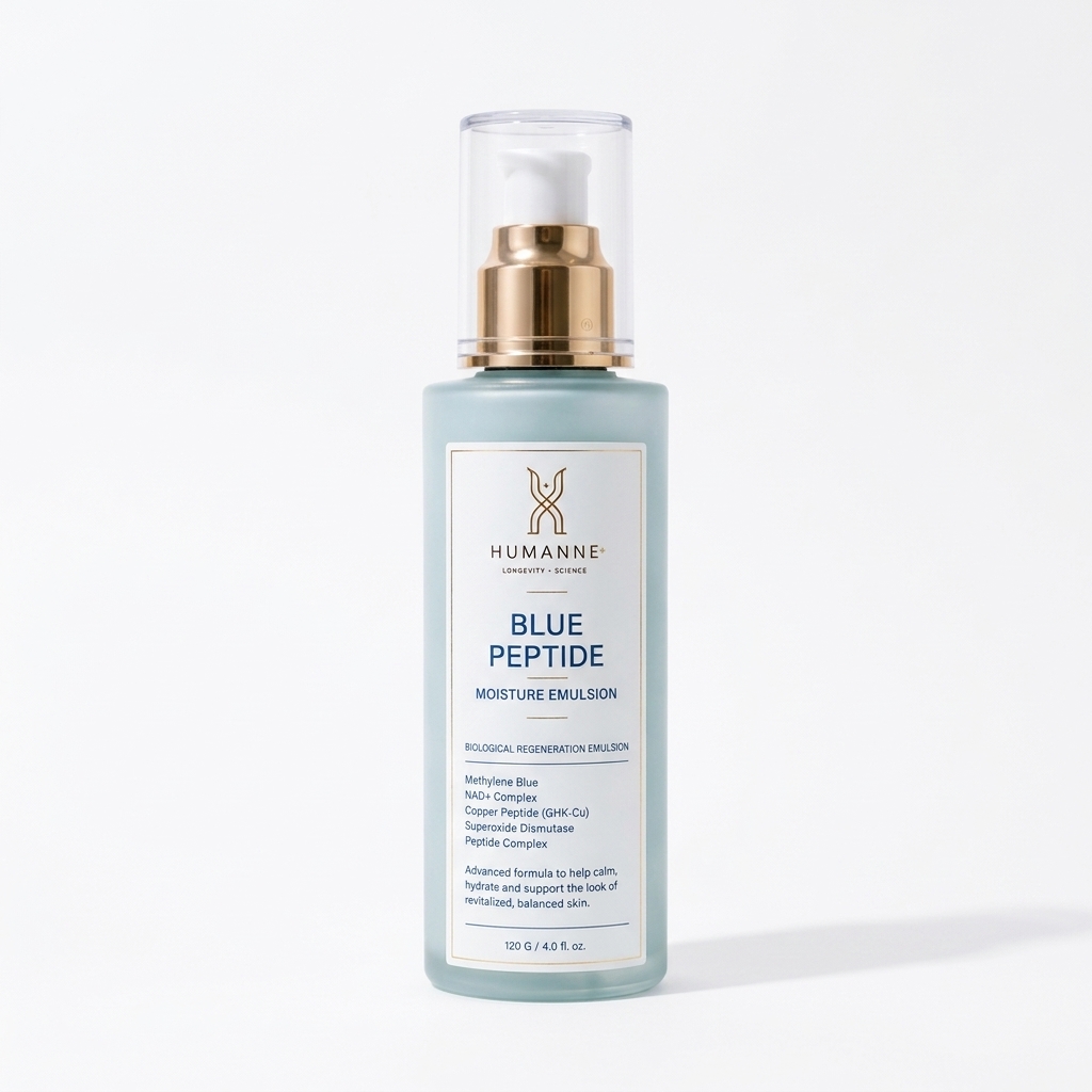 Blue Peptide Moisture Emulsion, pump bottle, front of pack