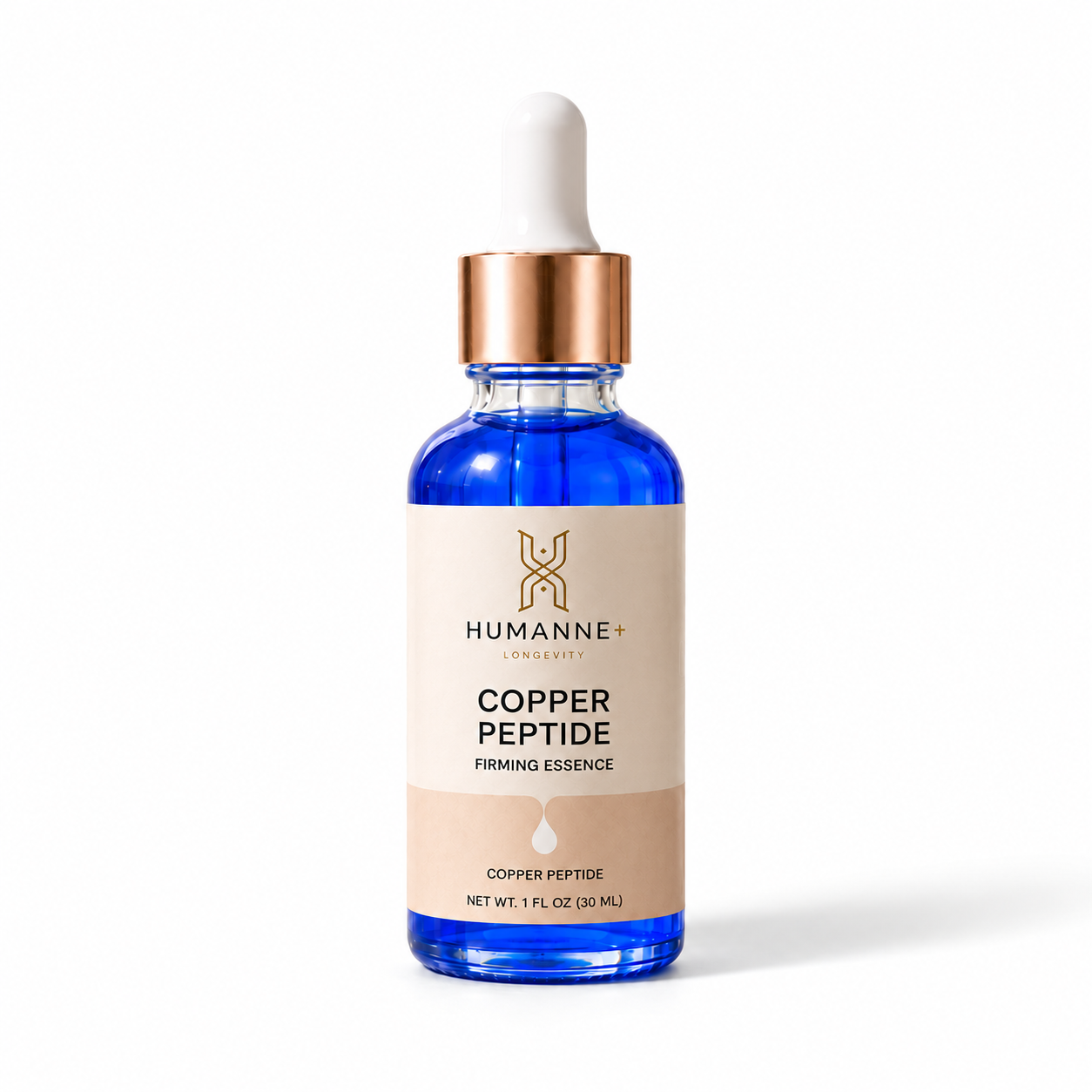 Copper Peptide Firming Essence, deep blue glass dropper bottle, front of pack